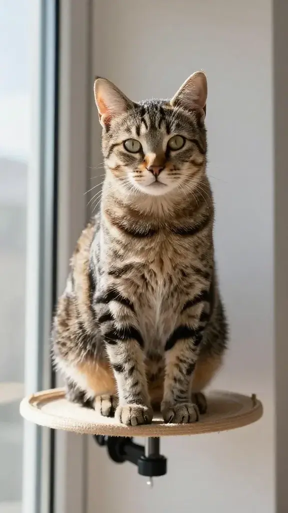 tabby cat on suction-cup window perch, bright sunlight