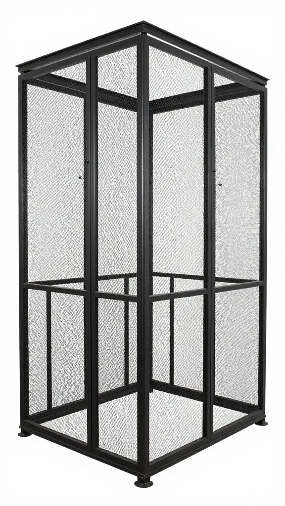 enclosed balcony catio with mesh panels and vertical railings