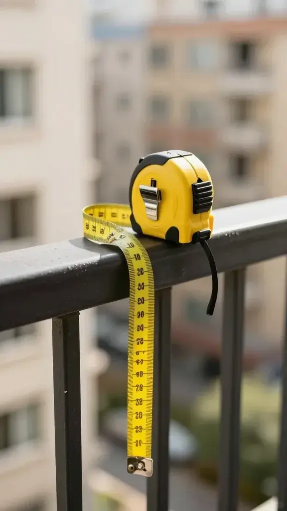 measuring tape on apartment balcony railing, afternoon sunlight