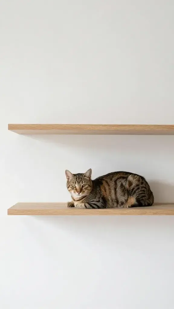 Tabby cat on floating wall shelves, minimalist living room