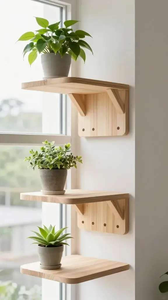 DIY cat highway shelves beside window, natural light, plants