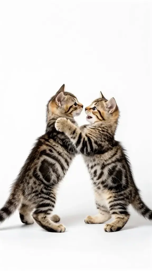 two tabby kittens play-wrestling on white studio backdrop