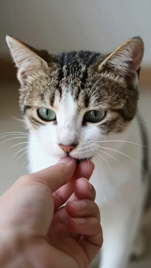single kitten biting human hand gently, close-up, soft lighting