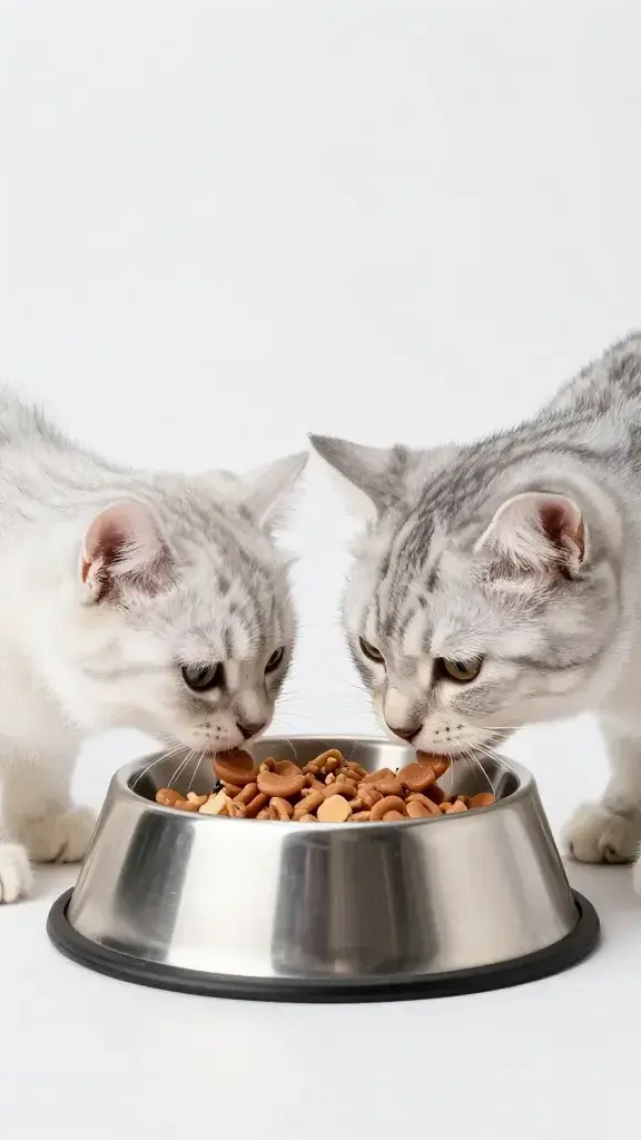 kitten duo sharing food bowl, stainless dish, clean background