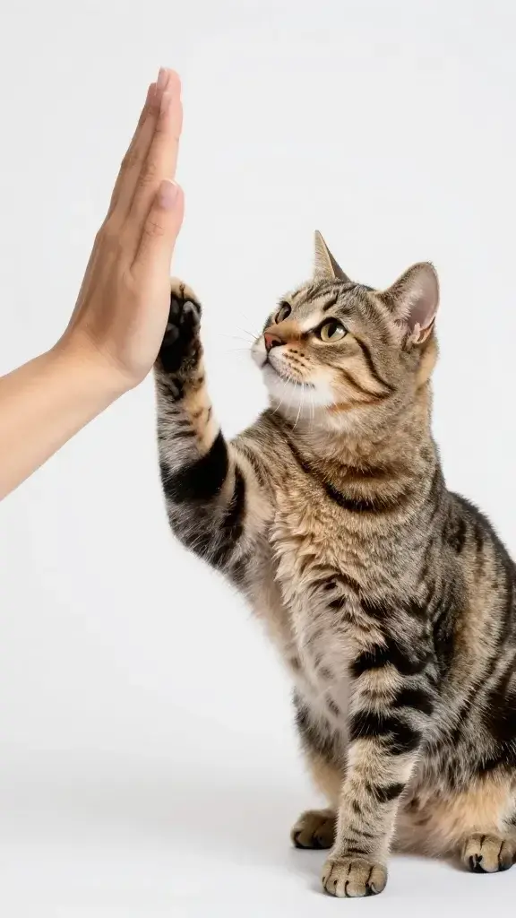 tabby cat touching human hand for high five, studio lighting