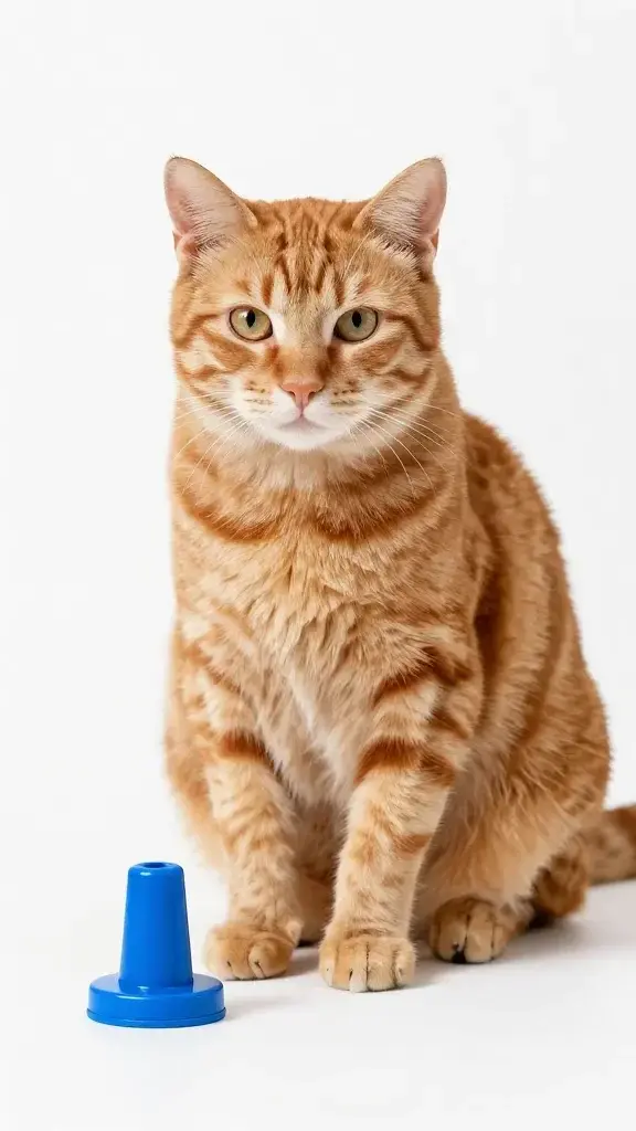 orange cat sitting on cue beside blue clicker, white backdrop