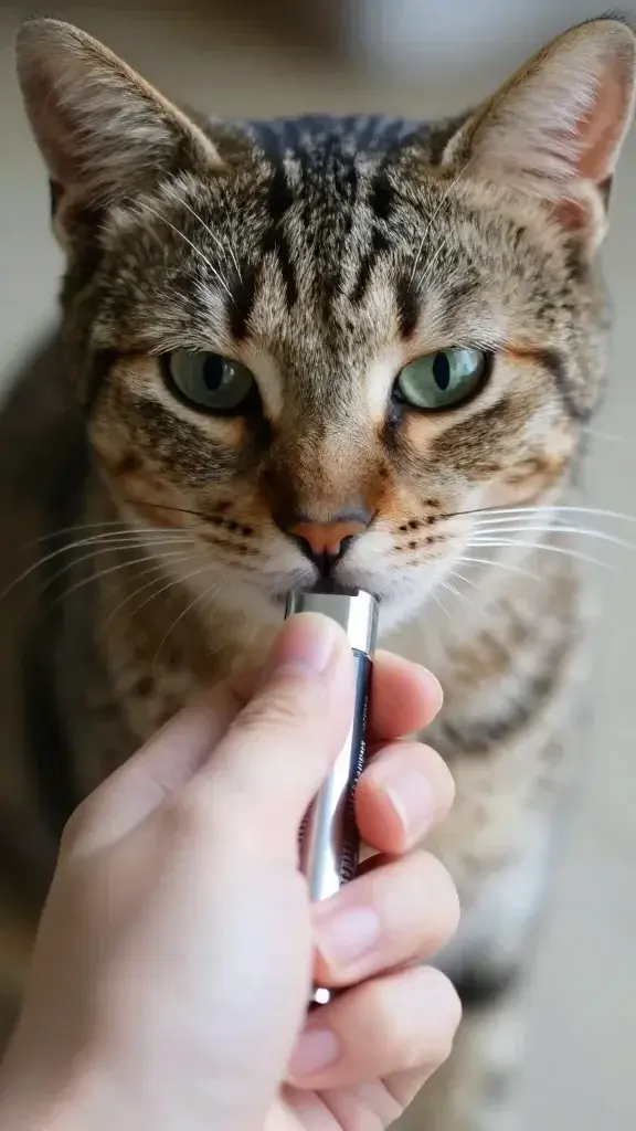 close-up hand pressing clicker while tuxedo cat focuses, natural light