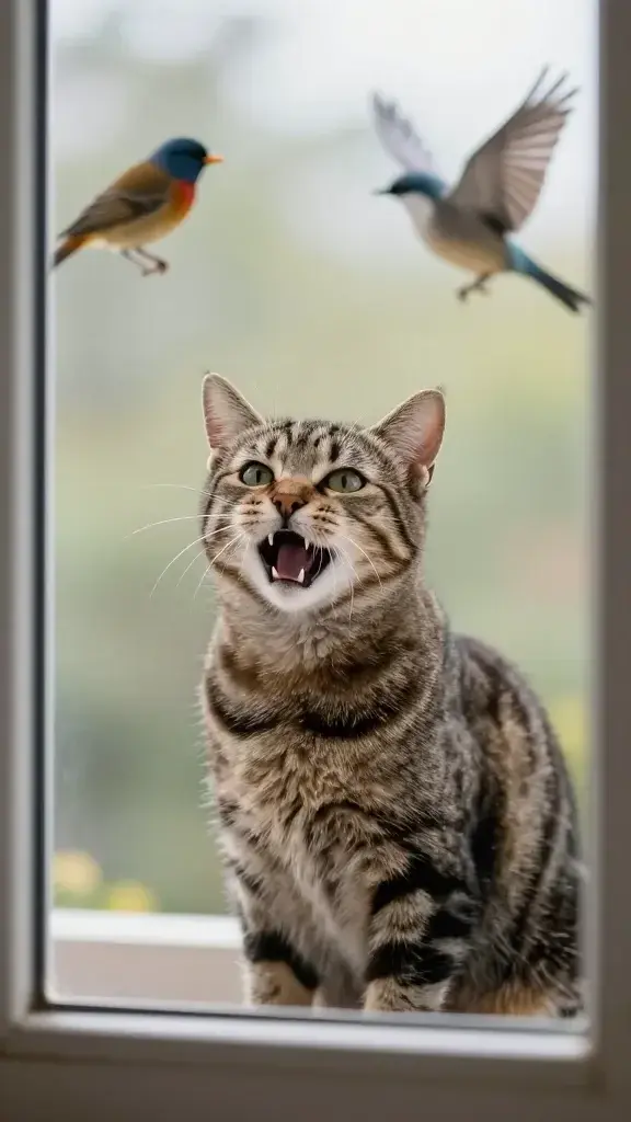 tabby cat chattering at birds through window, jaw mid-click
