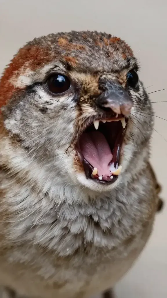 close-up cat jaw vibrating, laser-focused eyes on sparrow