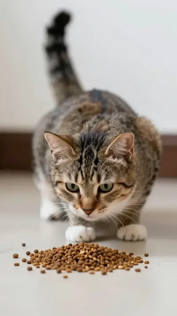 crouched indoor cat, tail twitching, whiskers forward at feeder