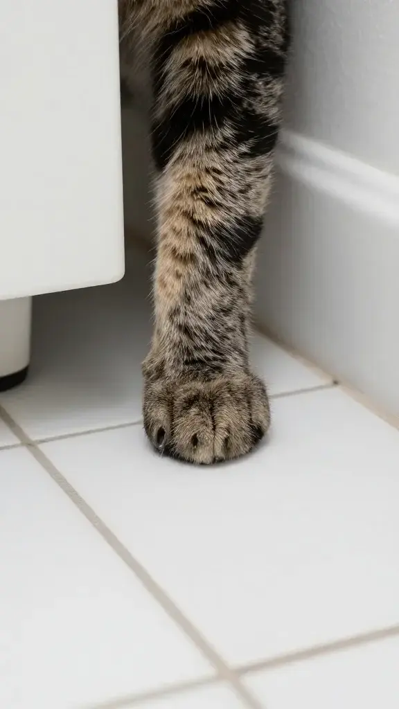 tabby cat paw under bathroom door, white tile floor