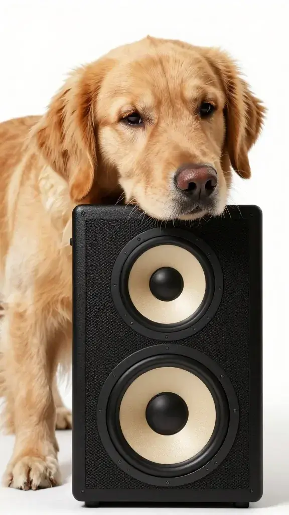 golden retriever tilting head at two-way audio speaker