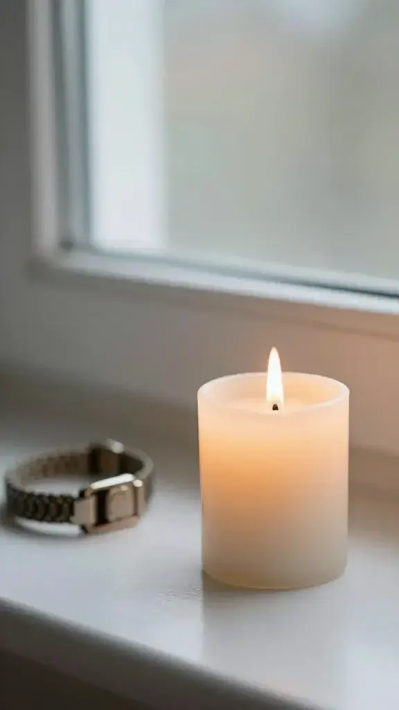 lit memorial candle beside worn cat collar, soft window light