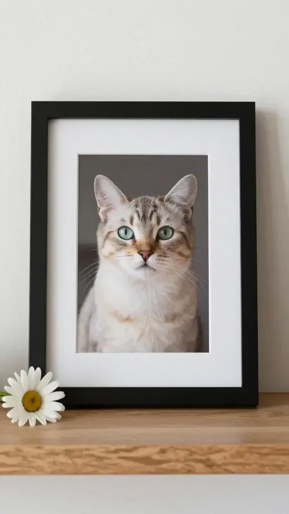 framed photo of beloved cat on mantle with single daisy