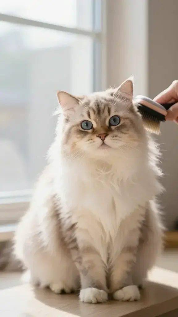 Owner brushing long-haired cat, soft natural window light