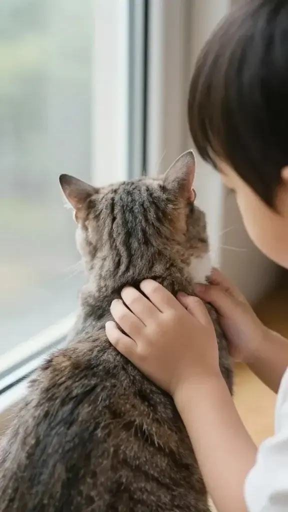 child gently petting cat’s shoulder, natural window light