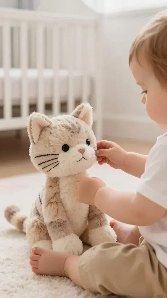toddler practicing soft strokes on stuffed cat, cozy nursery