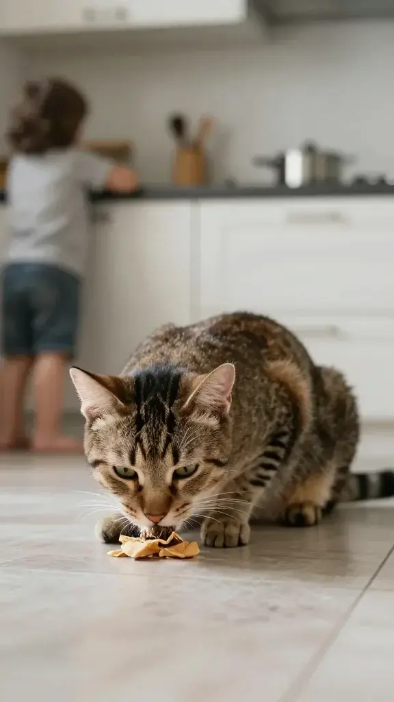 cat eating undisturbed, child watching from distance, calm kitchen lighting