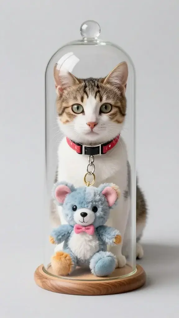 kitten-sized collar and first toy in glass time capsule