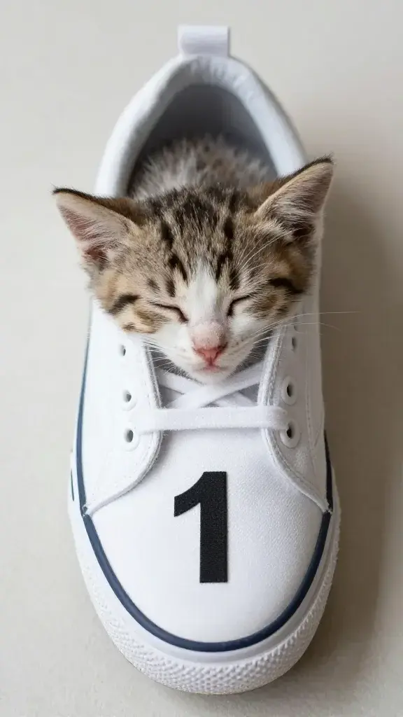 sleeping kitten inside sneaker, labeled for first birthday