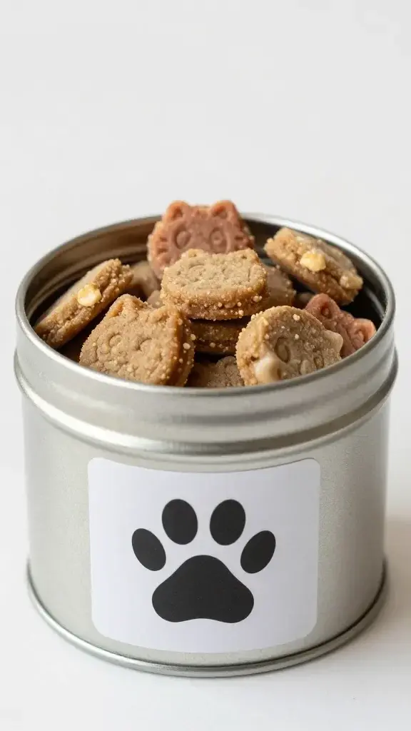 sealed metal tin with paw-print label, kitten treats inside