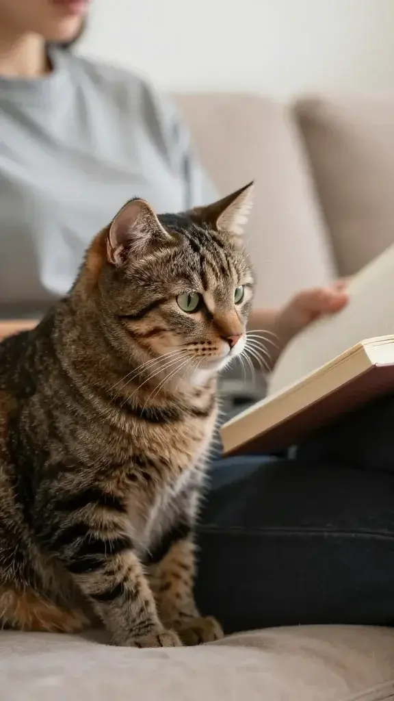 person reading softly to tabby cat on couch