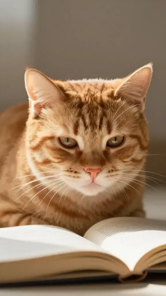 orange cat purring beside open book, warm lamplight