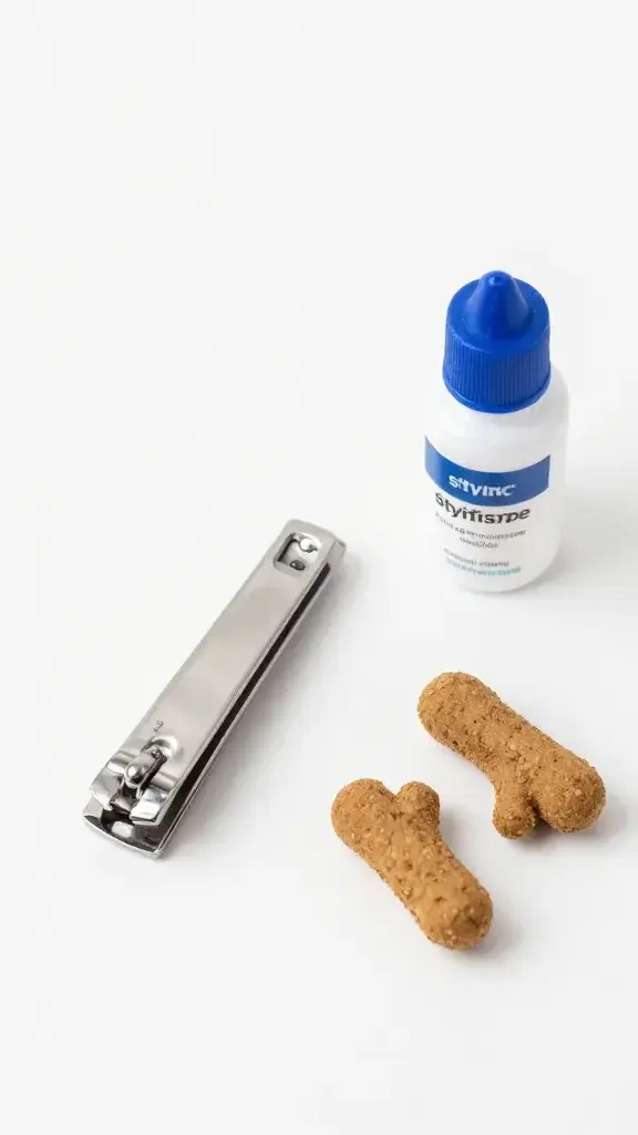 cat-safe scissor nail clippers beside styptic powder and treats