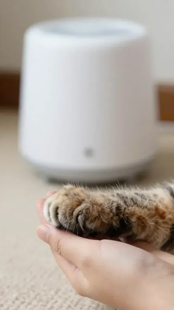 calm cat paw gently held, white noise machine blurred background