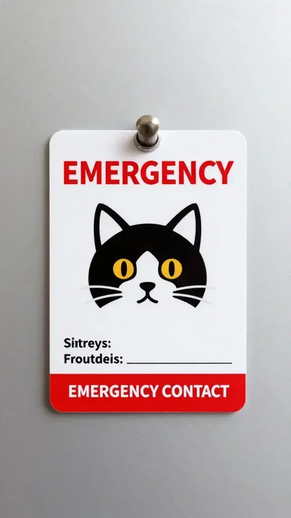 cat emergency contact card on fridge, magnet holding it
