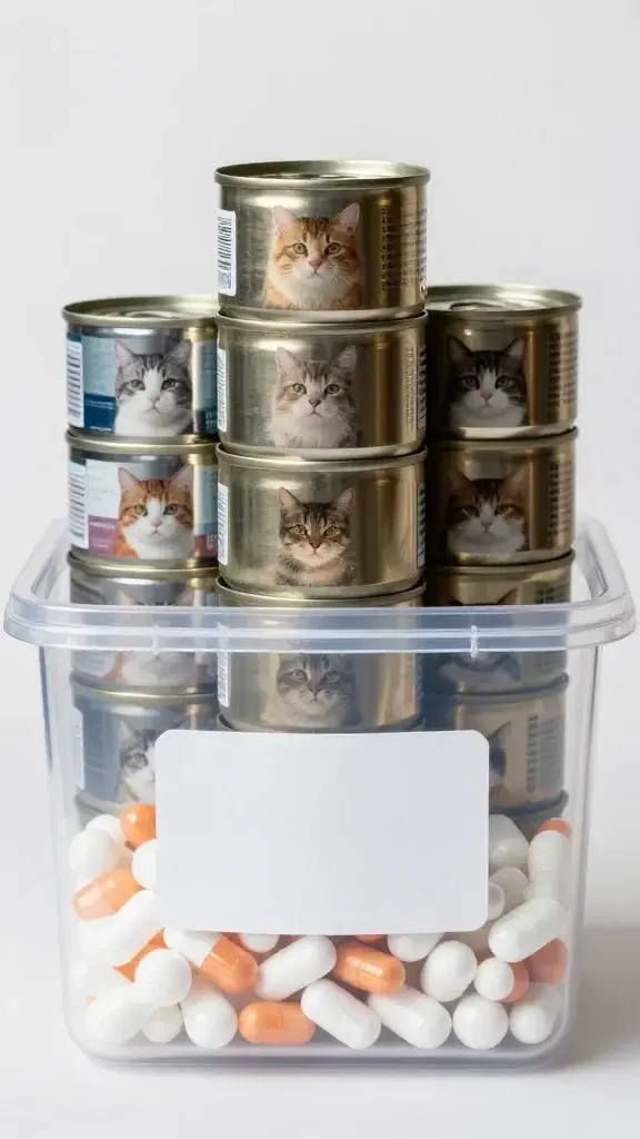 stacked cat food cans and meds in clear bin, labeled