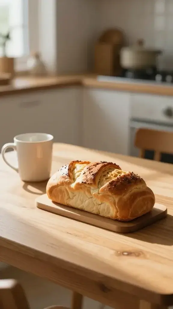 cozy kitchen table, mug and cat loaf, morning light