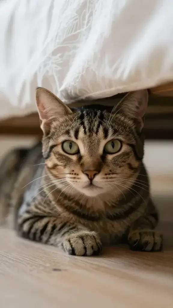 shy tabby cat hiding under bed, soft window light