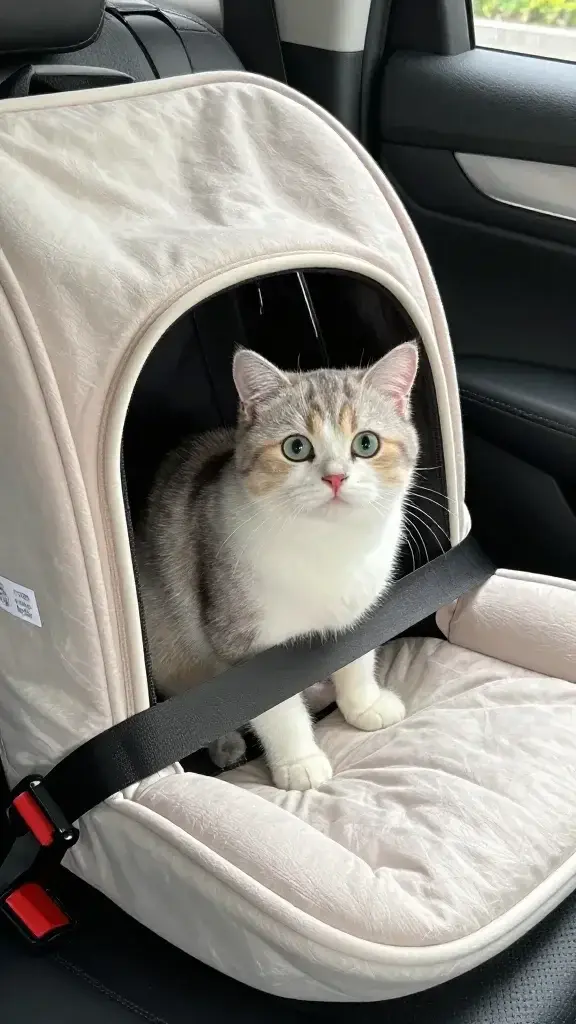cat in soft carrier on car seat, seatbelt secured