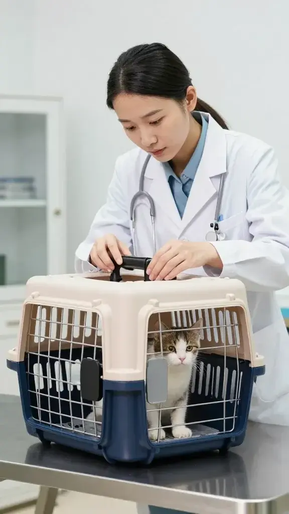 veterinarian examining cat travel carrier on exam table