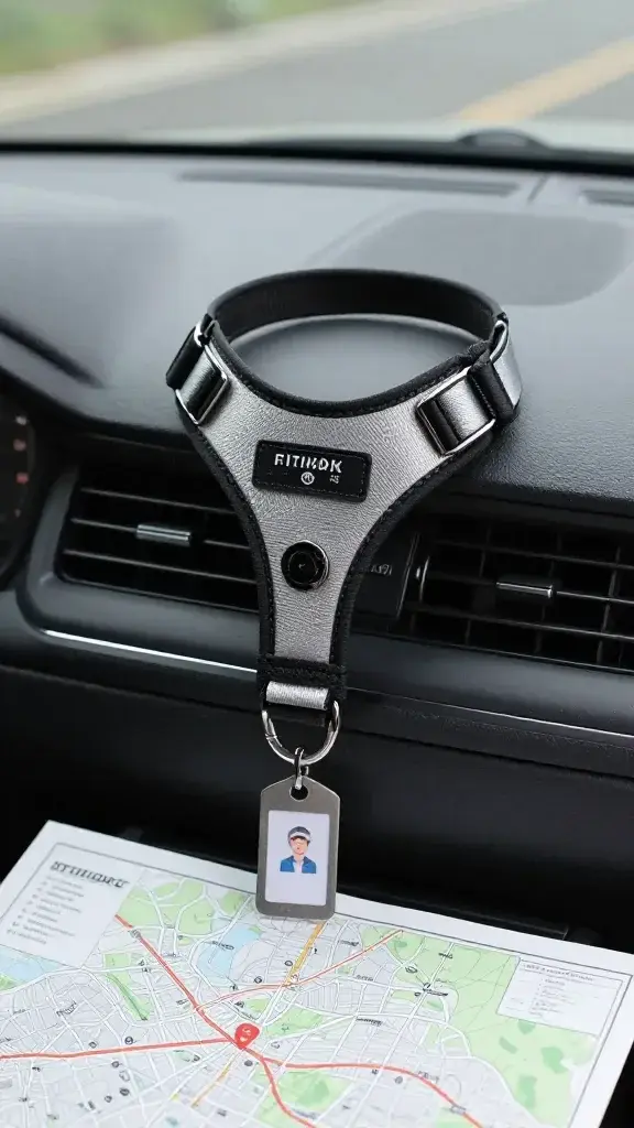 cat harness and ID tag on car dashboard with map