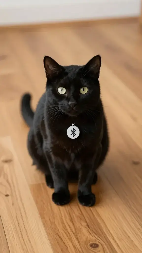 black cat with Bluetooth tag indoors, hardwood floor
