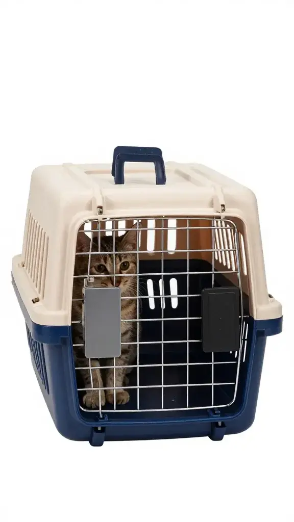 Hard-sided cat carrier with secure latches on white background