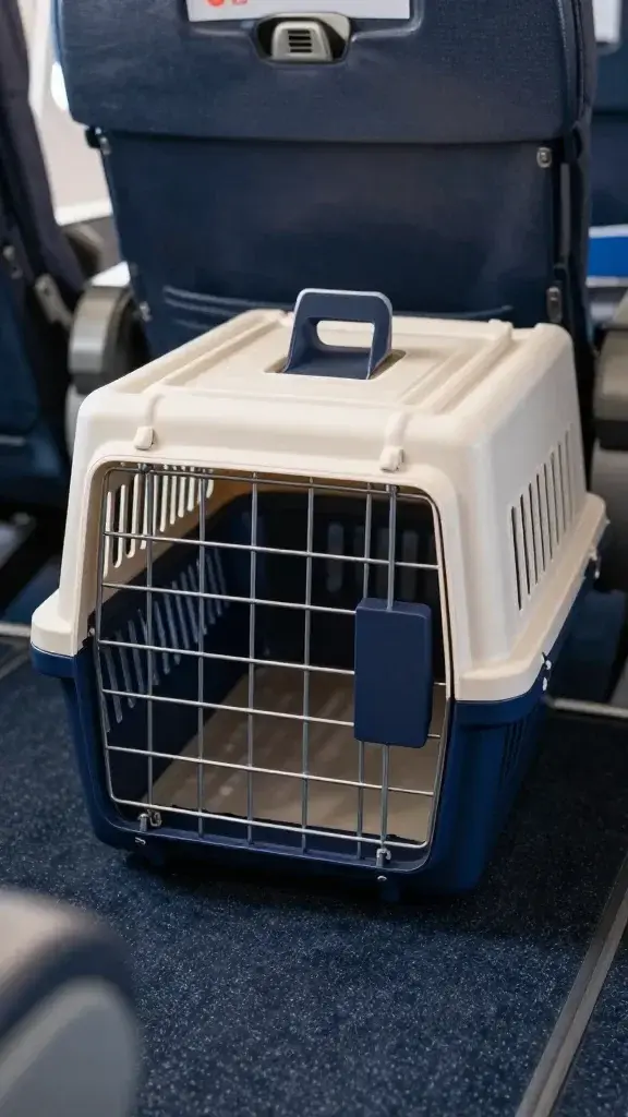 Airline-approved cat carrier under airplane seat, empty cabin floor