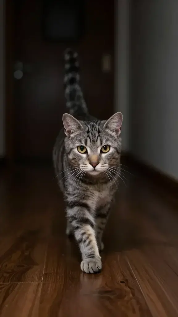Grey tabby cat pacing dim hallway at night
