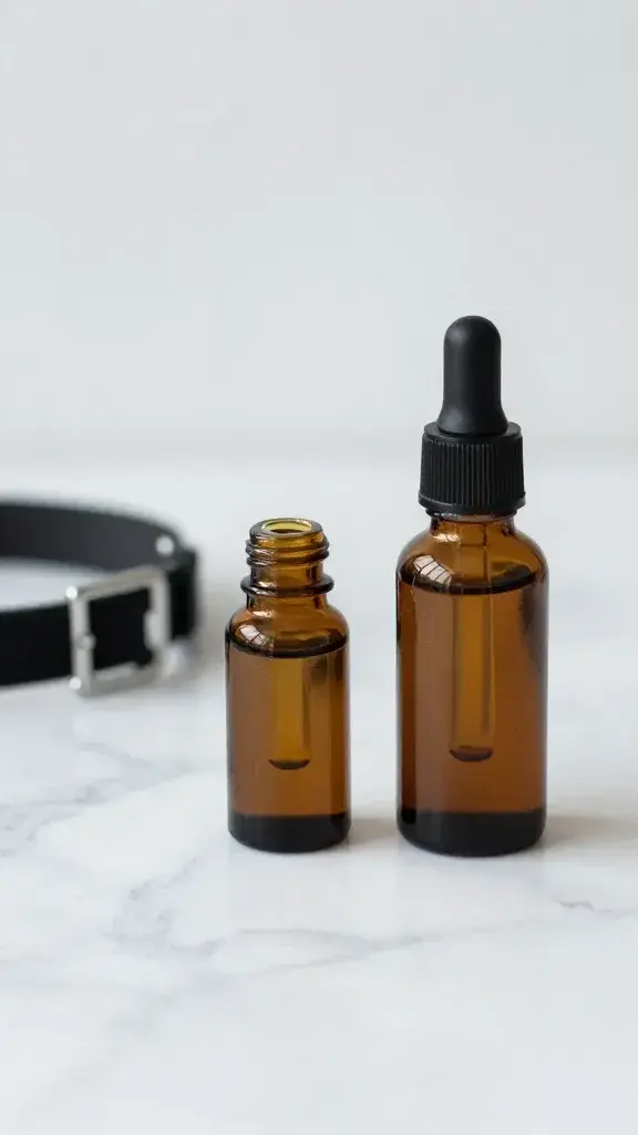 Hemp-derived CBD oil dropper beside cat collar on marble