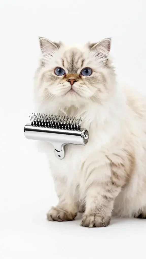 Long-haired Persian cat, stainless steel slicker brush, white backdrop
