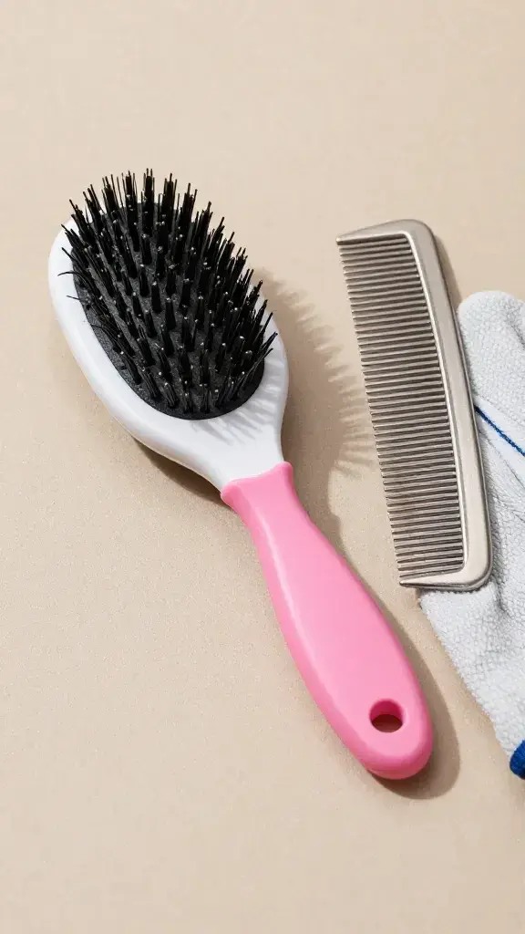 Cat grooming kit: slicker brush, metal comb, grooming glove, tabletop