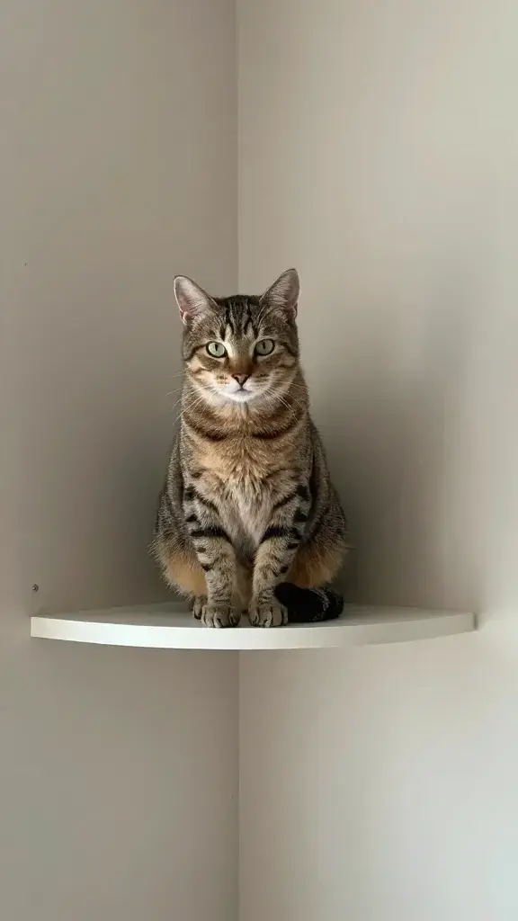 Tabby cat perched on floating corner shelf, small apartment