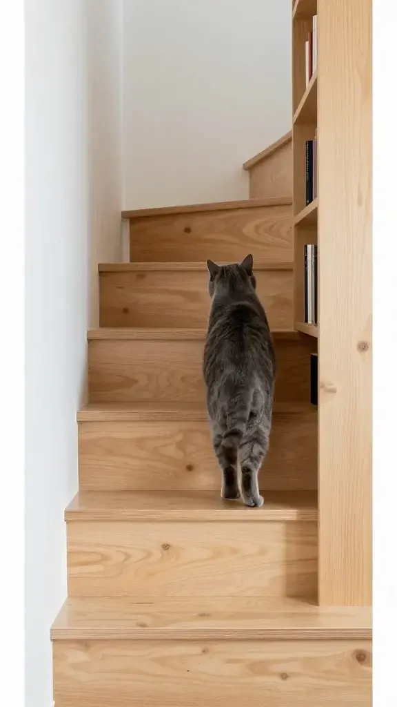 Cat climbing staggered plywood steps beside narrow bookcase
