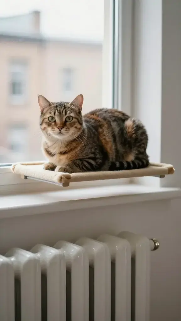 Cozy window-mounted cat perch above radiator, urban studio
