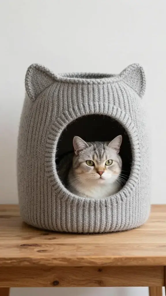 felted wool sweater cat cave on wooden table