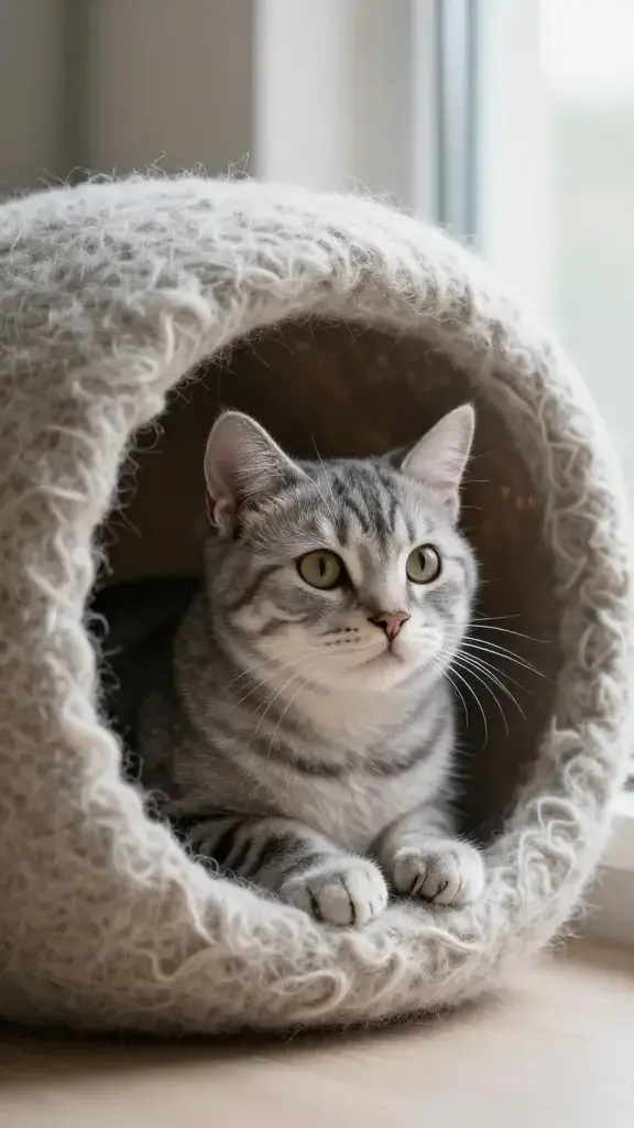 gray tabby inside felted wool cave, soft window light