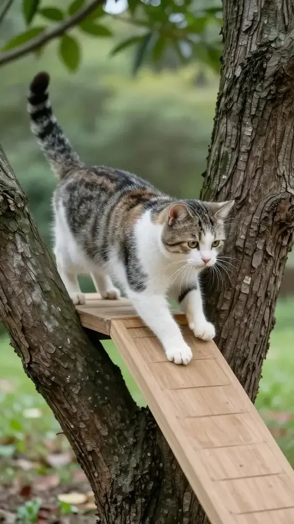 Senior cat using gentle ramp on low platform tree