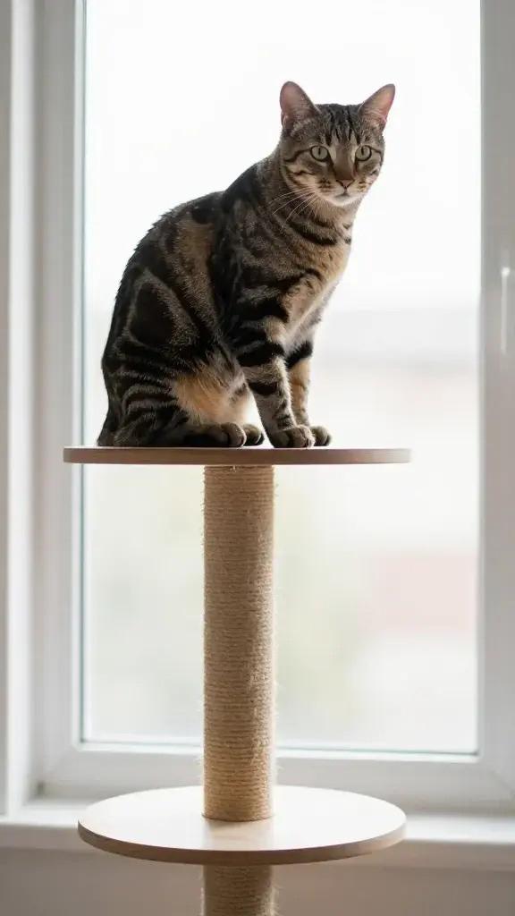 Athletic tabby on tall staggered platforms by window